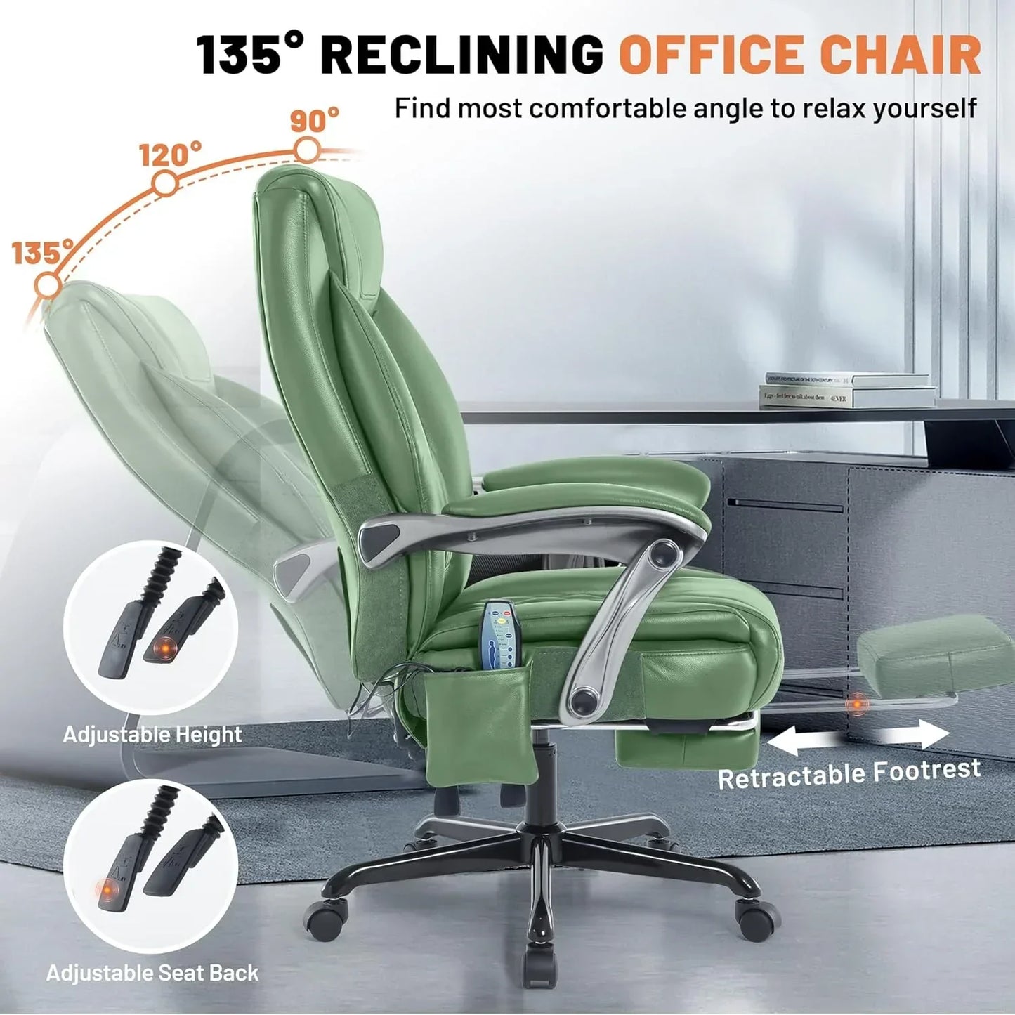Massage Office Chair With Heating And Footrest Ergonomic Executive Reclining Office Chair