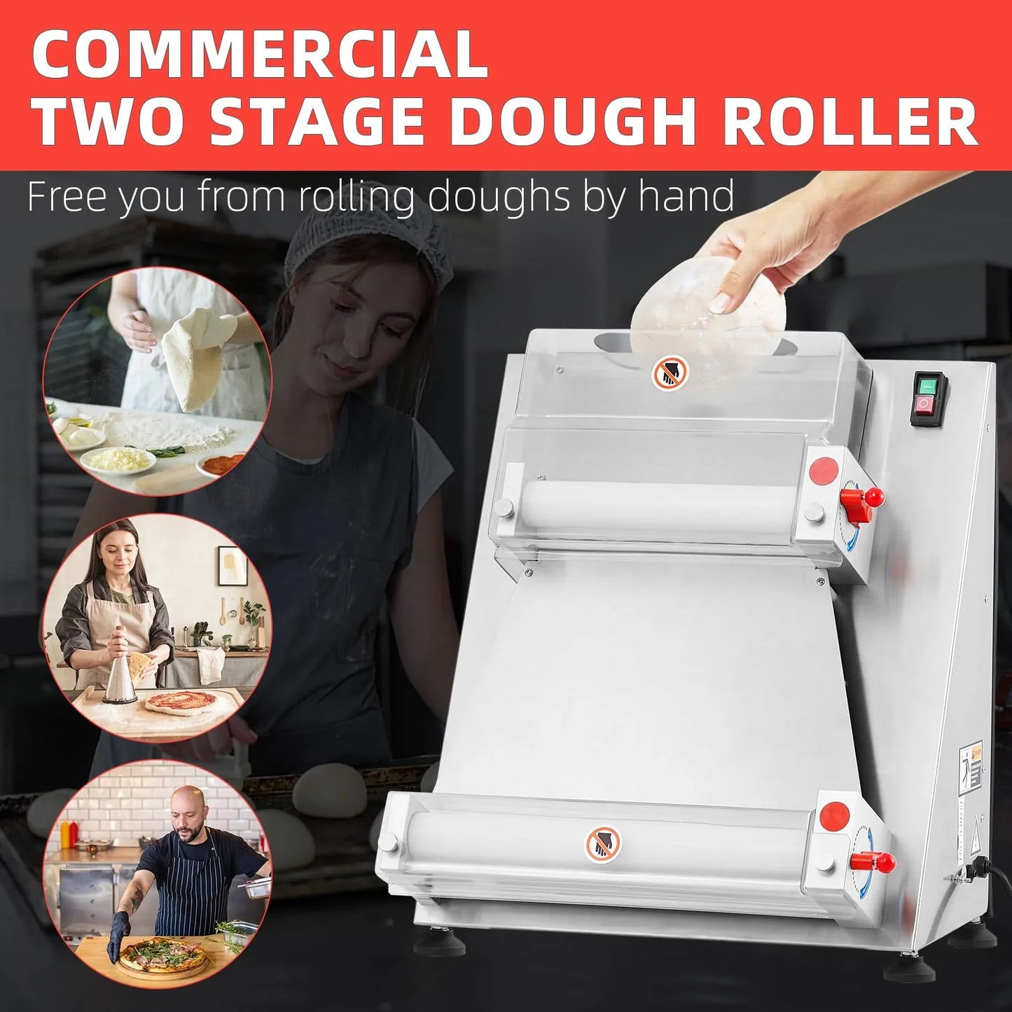 Commercial Pizza Dough Roller Sheeter, Max 16, Automatic 370W Electric Pizza Dough Roller, Stainless Steel, Suitable For Noodle