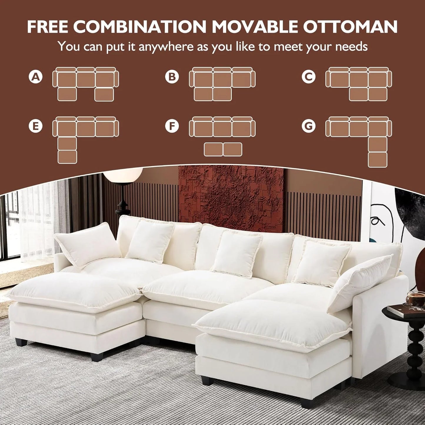 111.4 In. L-Shaped Modern Sofa Modular Cloud Sofa Ottoman 4-Seater Chenille Deep Seat Sofa