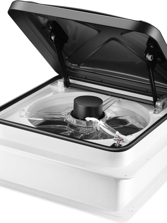MaxxAir 10 Speed Roof Vent Fan 12V With Thermostat, Rain Sensor, Remote And App Control, 14 In. x 14 In. Reversible Powered Lift