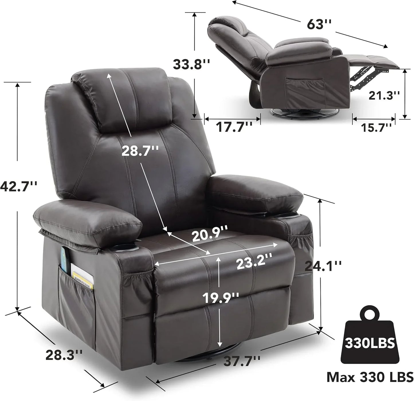 Oversized Swivel Rocker Recliner Chair With Heat And Massage, 360 Degree Swivel Rocking Single Sofa With Cup Holders And USB Port