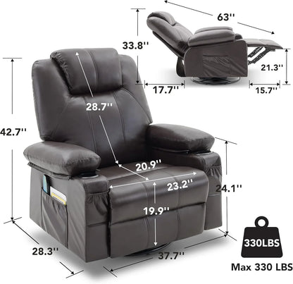 Oversized Swivel Rocker Recliner Chair With Heat And Massage, 360 Degree Swivel Rocking Single Sofa With Cup Holders And USB Port