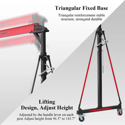 1 Ton Adjustable Gantry Crane, 2200 Lbs Capacity, Height Adjustable 96.5 In.-143.7 In, Portable Hoist For Factory, Construction, Warehouse