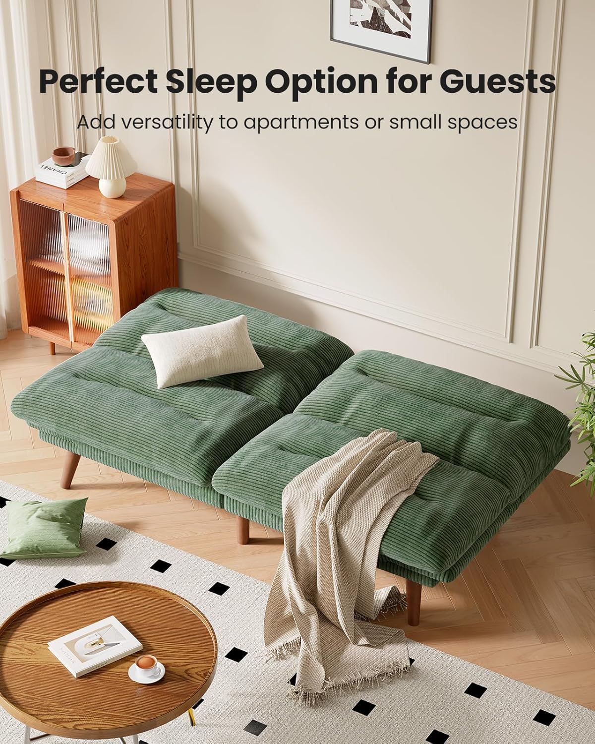 Pipishell Convertible Futon Sofa Bed, 66 In. Corduroy Futon Couch With Adjustable Backrest And Armrests, Recliner Sleeper Sofa For Small Spaces