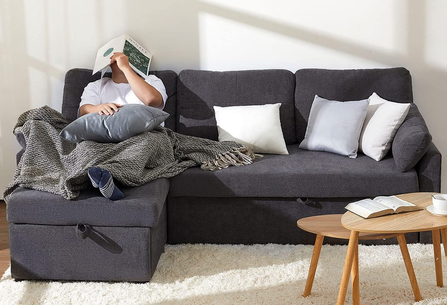 VanAcc Sofa Bed, Sleeper Sofa With Storage Chaise 2-in-1 Pull Out Couch Living Room