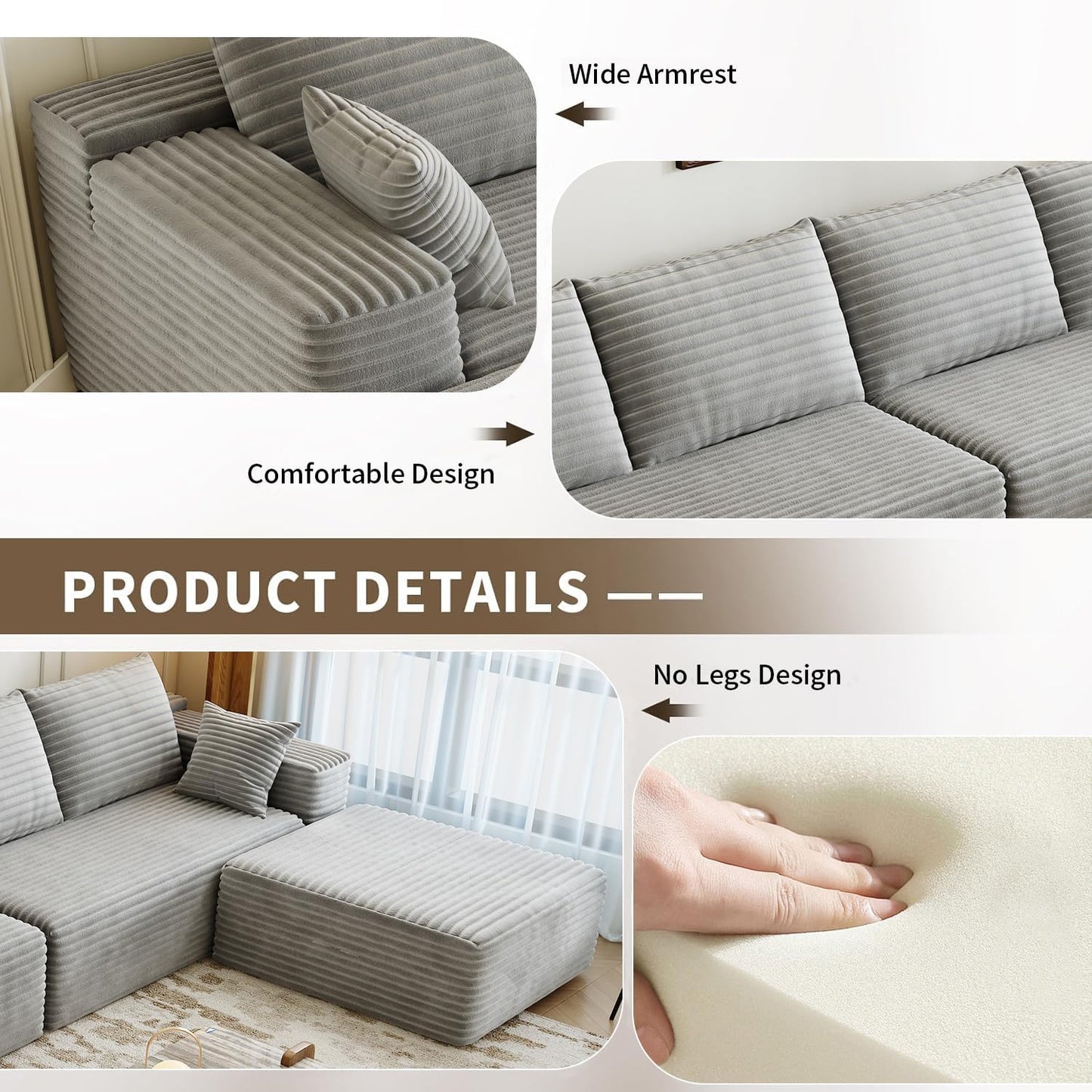 107.5 In. Cloud Modular Sectional Sofa Couch With L-Shape Chaise, Modern Minimalist Upholstered Couches For Living Room Bedroom
