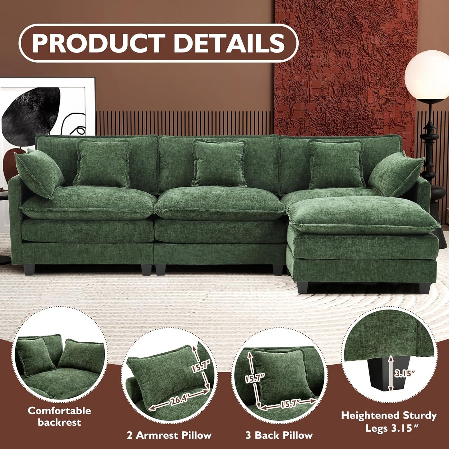 111.4 In. L-Shaped Modern Sofa Modular Cloud Sofa Ottoman 4-Seater Chenille Deep Seat Sofa