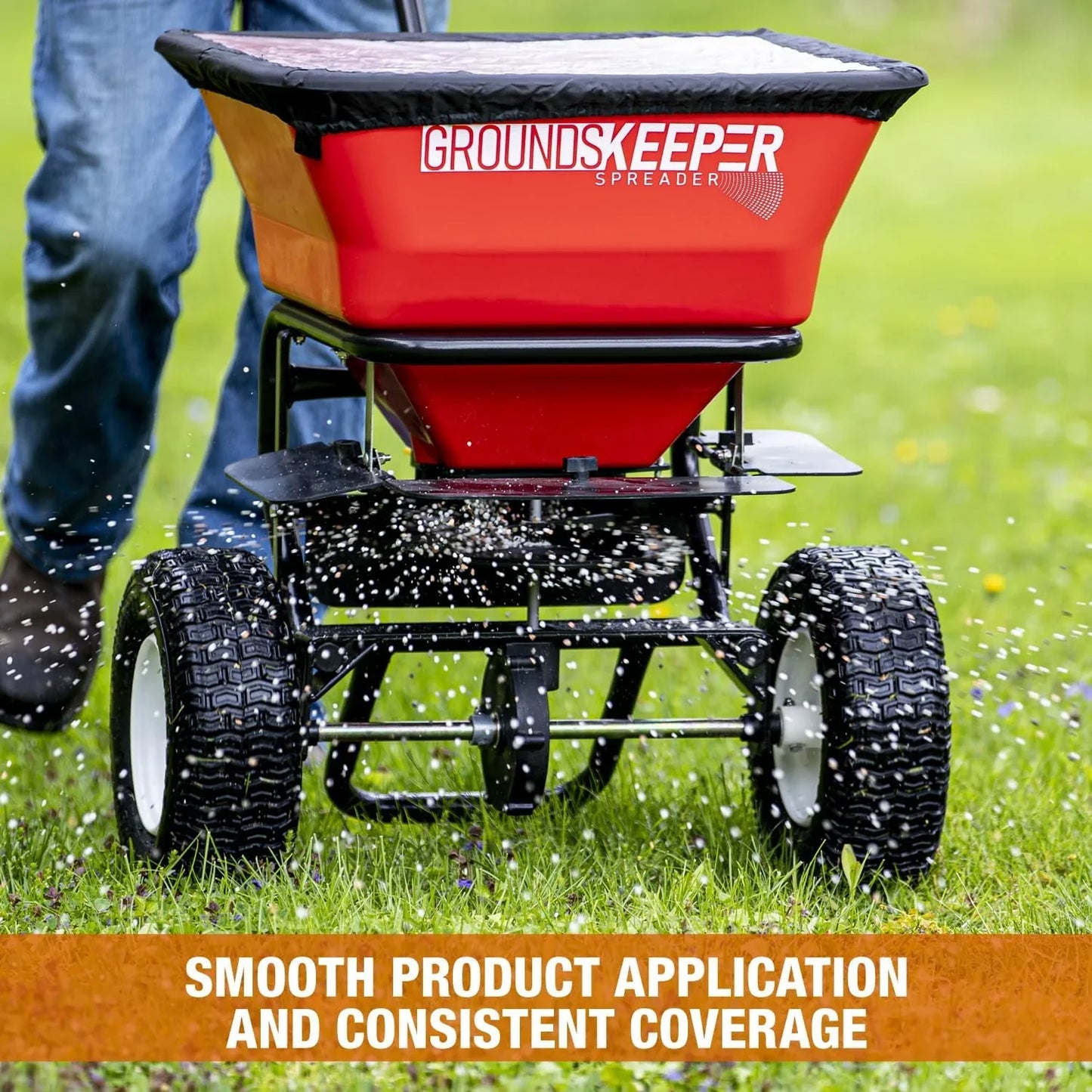 Walk Behind Push Spreader, 100lb Capacity, For Salt, Ice And Snow Melt, Included Grate And Cover With Enclosed Gearbox For Protection