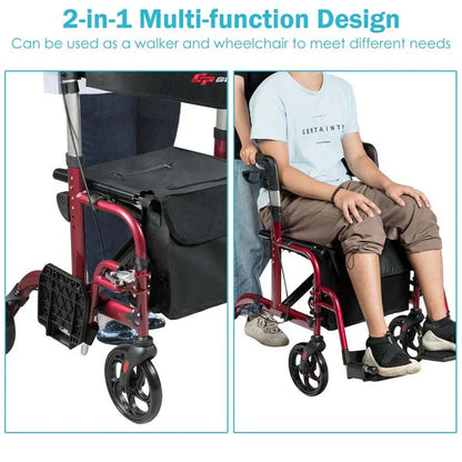 2-in-1 Rollator Walker Wheelchair Folding Medical Walker Aluminum Transport Chair Mobility Walking Aid- Comfortable And Ergonomic Design