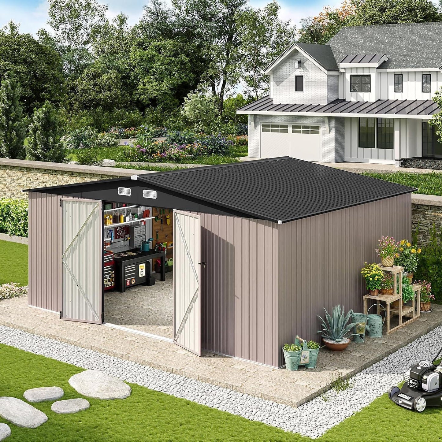 Aoxun 10 x 12 Ft. Outdoor Storage Shed With Double Hinged Large Door Utility Garden Shed