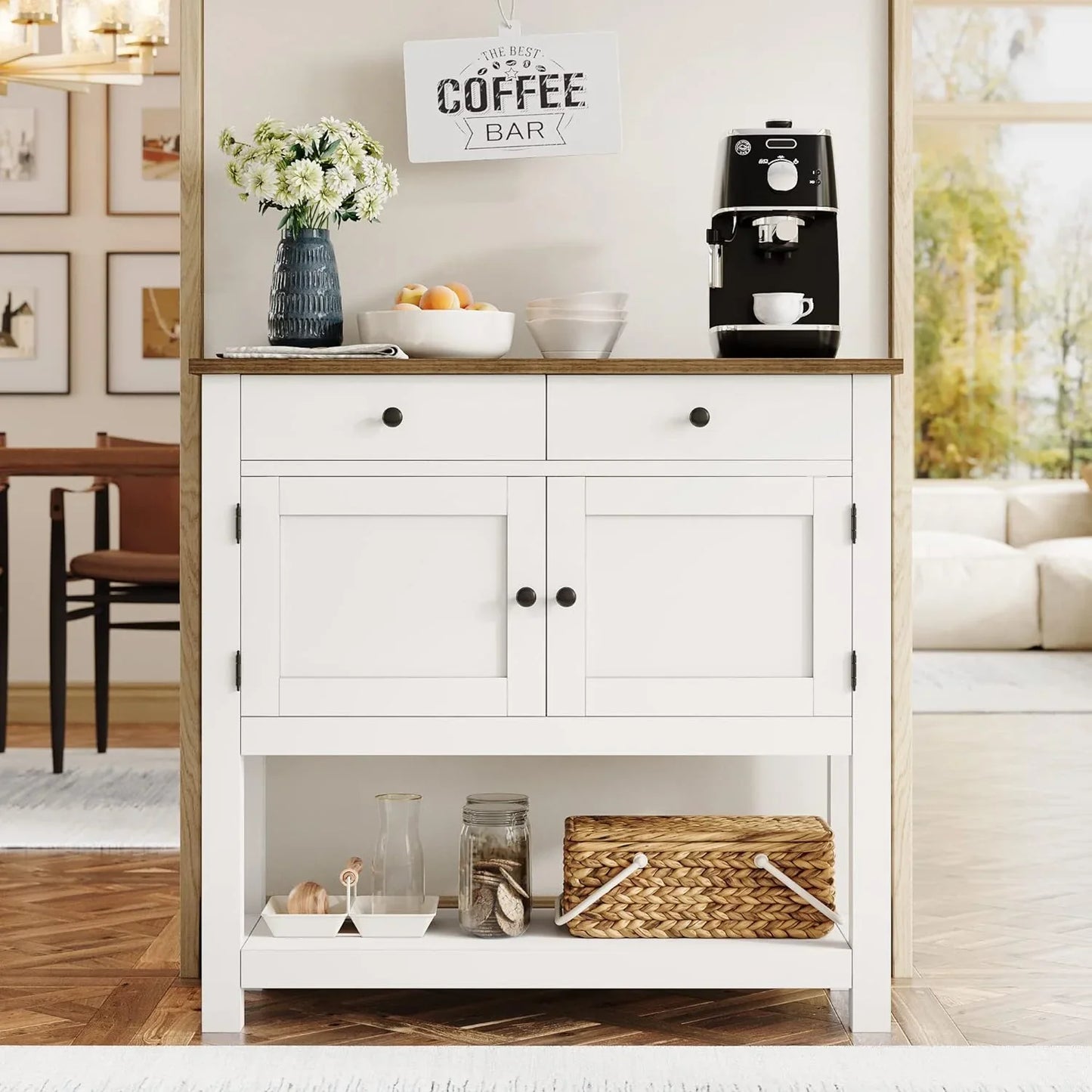 Hostack Farmhouse Console Table With 2-Door Cabinet And 2 Drawers, Coffee Bar, Entryway Table With Storage Shelf