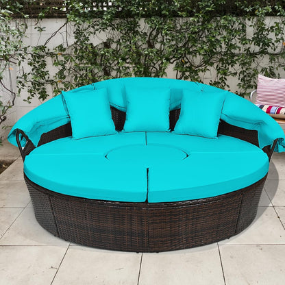 Outdoor Daybed, Rattan Round Daybed With Sunshade Canopy, Patio Set With Cushions And Adjustable Coffee Table, Rattan Patio Furniture