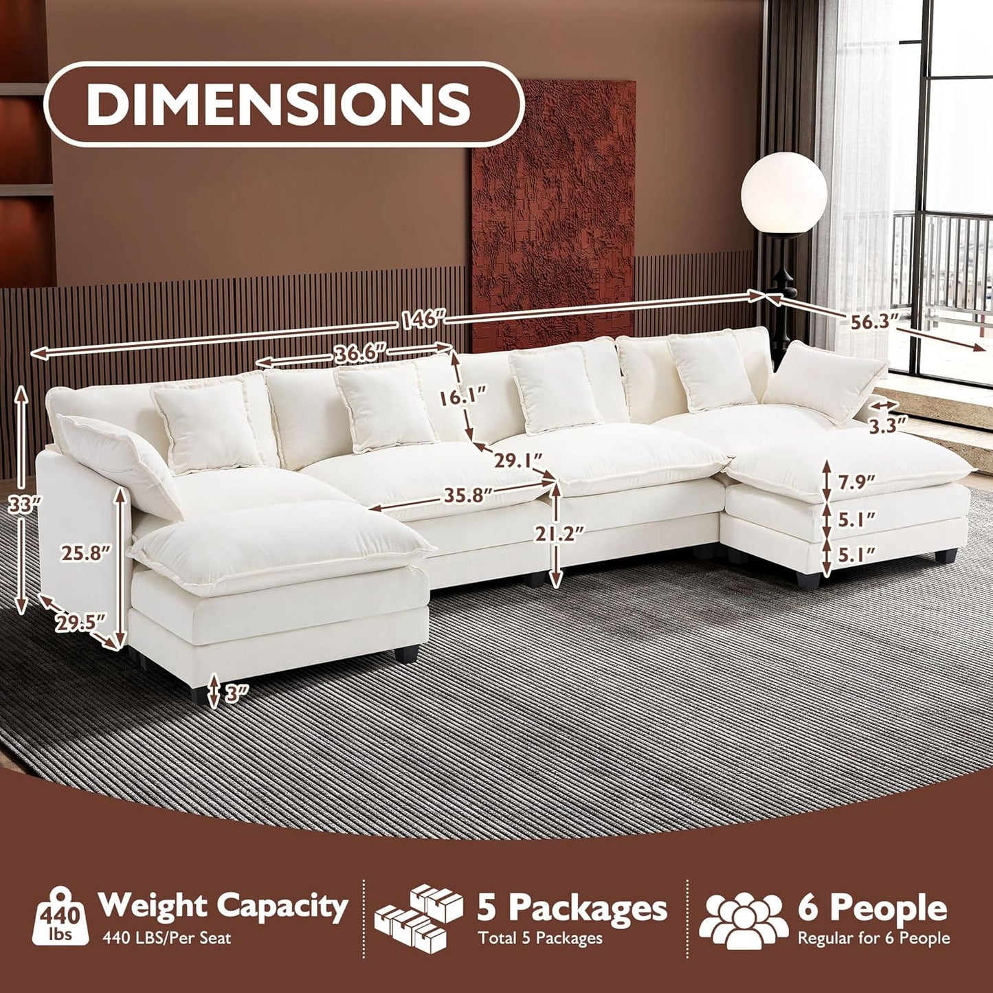 Ihanherry 146 In. U-Shaped Modern Sofa Modular Sectional Cloud Couch With 2 Ottoman
