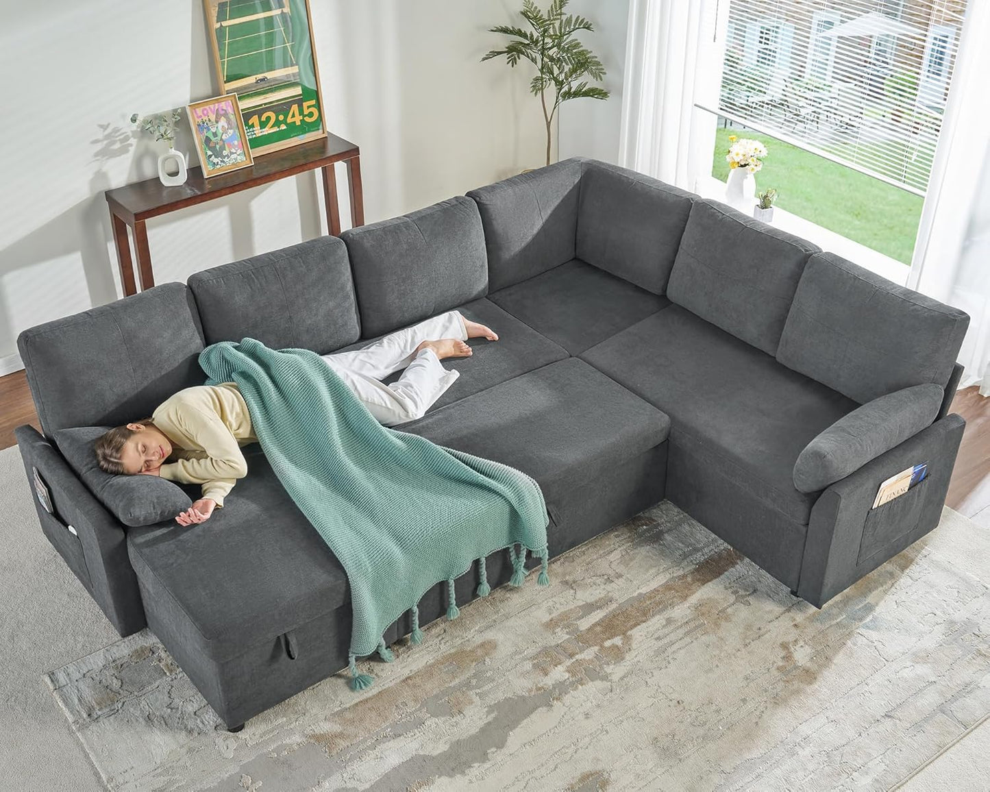 VanAcc Sofa Bed, Sleeper Sofa With Storage Chaise 2-in-1 Pull Out Couch Living Room