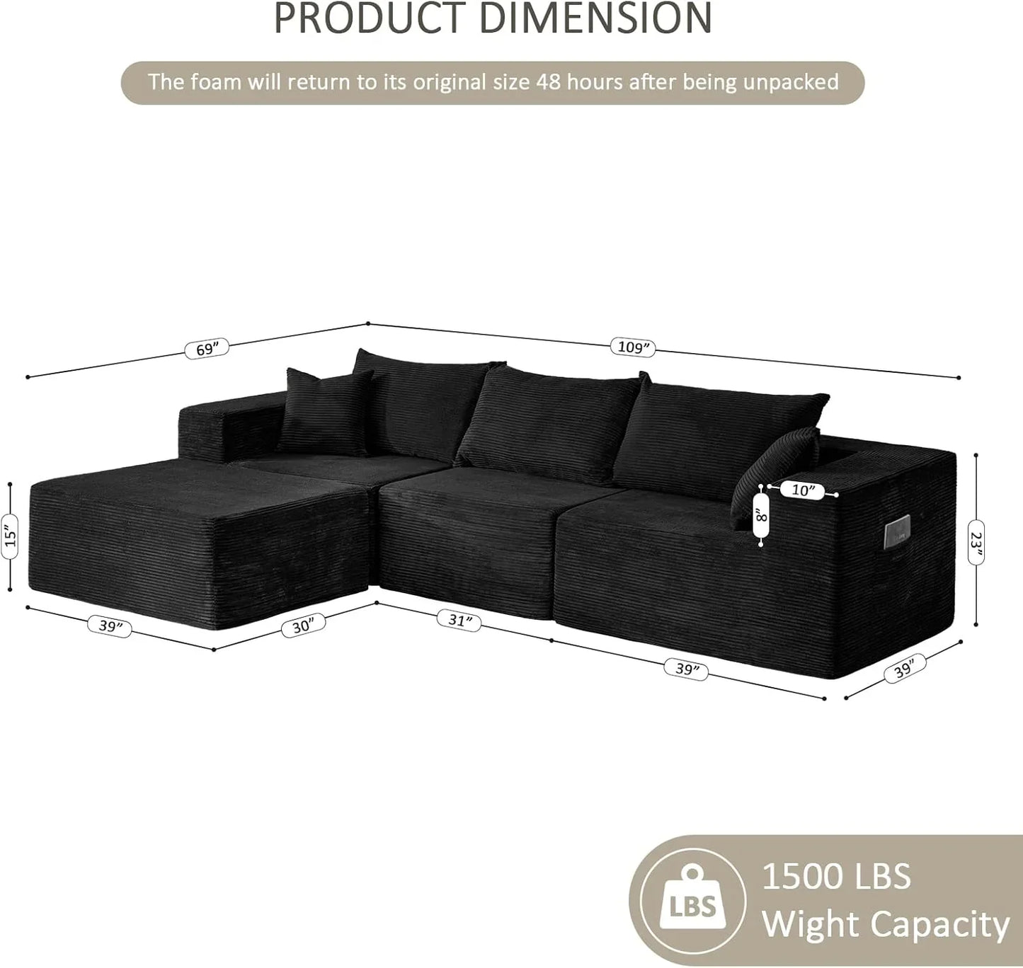 Cloud Sectional Couch With L-Shape Chaise, Modern Modular Sofa With Deep Seat, Upholstered Couches For Living Room Bedroom, No Assembly Required