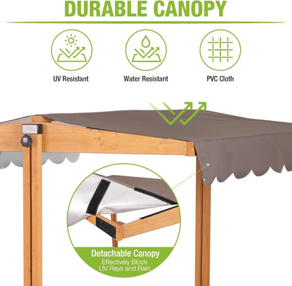 Kids Wooden Outdoor Sandbox w/Canopy, 2 Foldable Bench Seats, Retractable Roof Sand Protection Liner 47x47-Inch