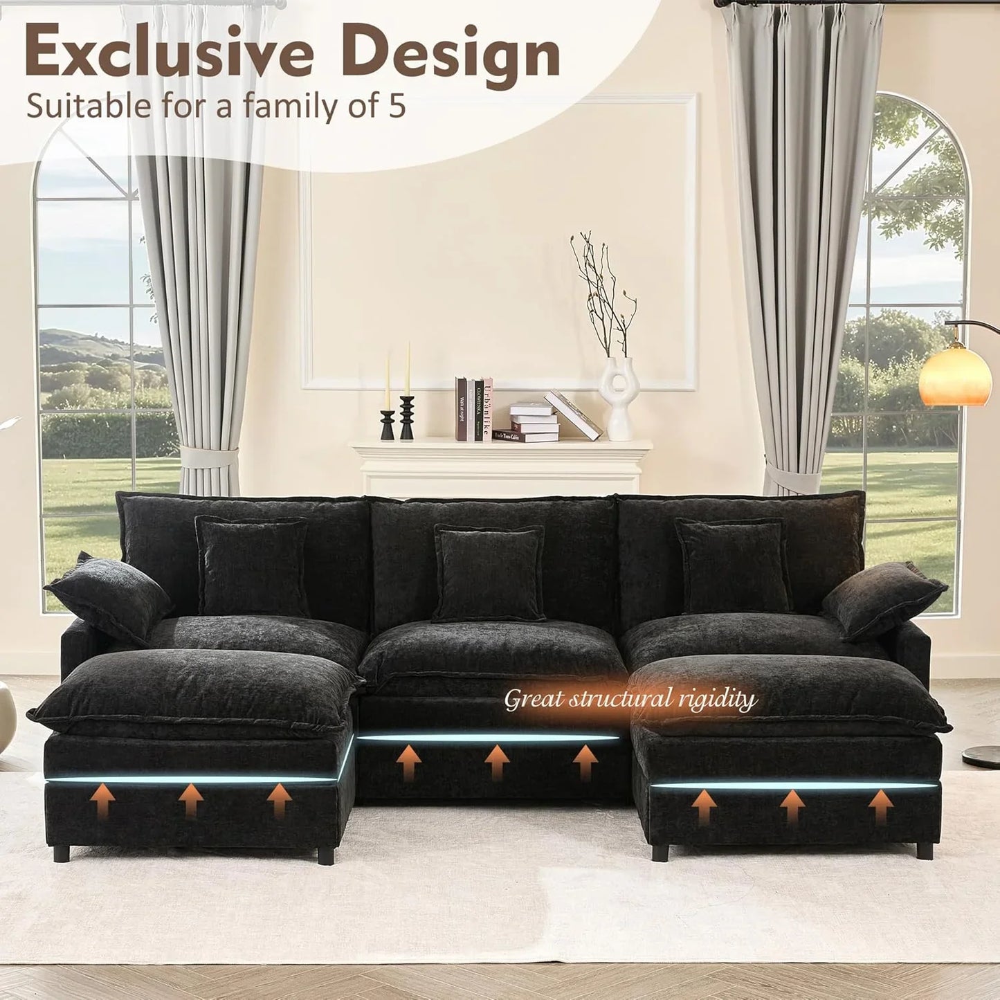 108 In. U Shape Sofa Sectional Sofa Comfortable Cloud Sofa With Removable Footstool