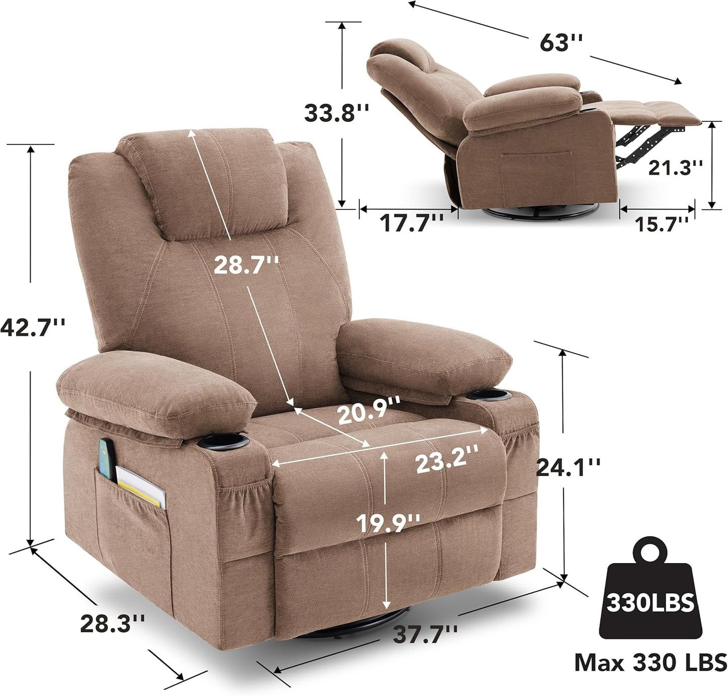 Oversized Swivel Rocker Recliner Chair With Heat And Massage, 360 Degree Swivel Rocking Single Sofa With Cup Holders And USB Port