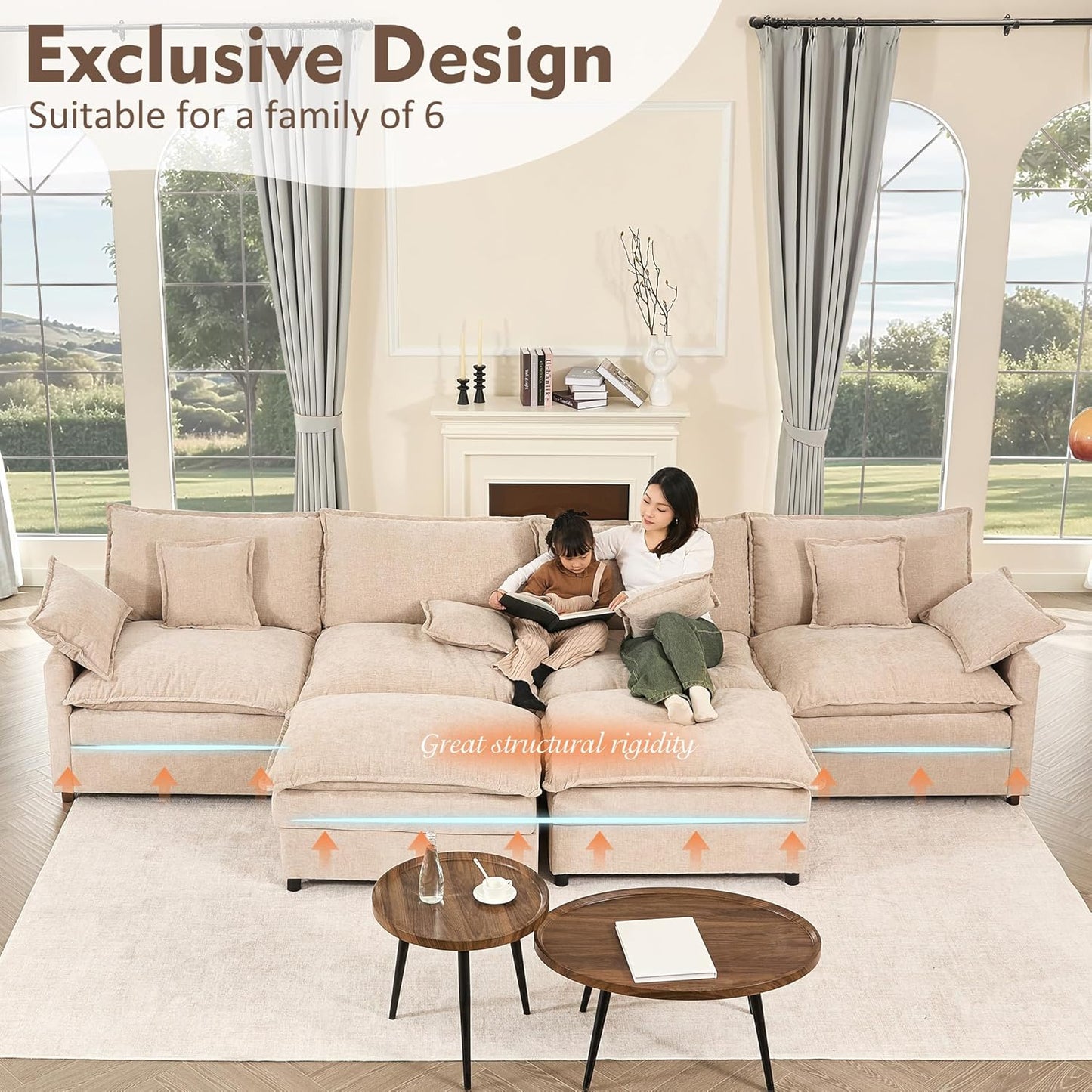 108 In. U Shape Sofa Sectional Sofa Comfortable Cloud Sofa With Removable Footstool