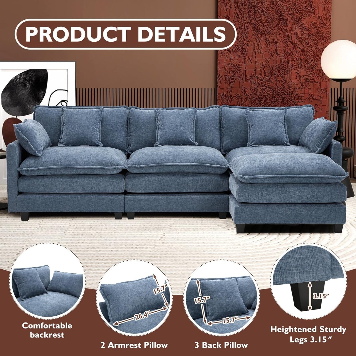Ihanherry 146 In. U-Shaped Modern Sofa Modular Sectional Cloud Couch With 2 Ottoman
