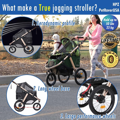 Jogging Sports Stroller With Comfort Rubber Wheels/Zipper-Less Entry/1-Hand Quick Fold/Aluminum Frame For Small/Medium Dogs Cats And Pets, Green Camo