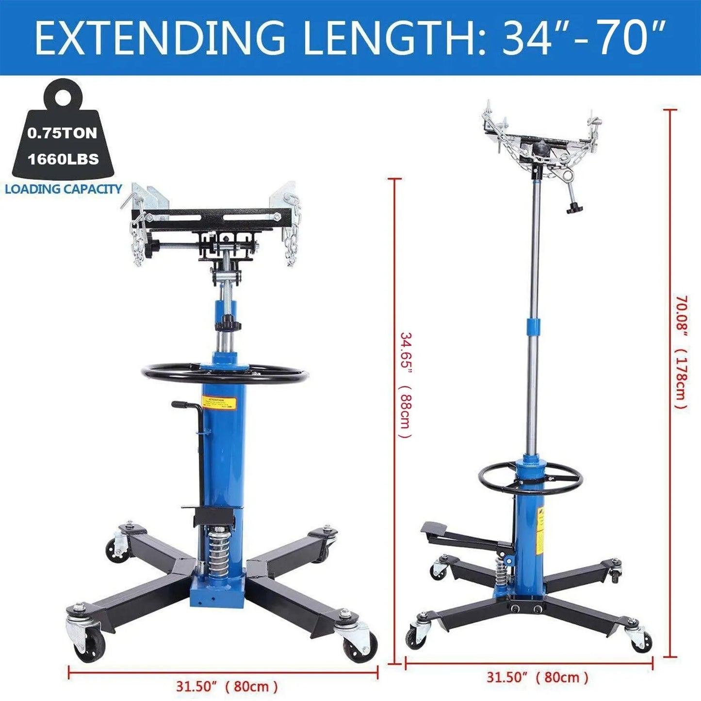 1660 Pounds Hydraulic Car Transmission Jack Vertical Lift With 360 Degree Swivel Wheel Pedal, Blue,33 In.-70 In., 0.75Ton