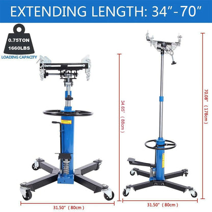 1660 Pounds Hydraulic Car Transmission Jack Vertical Lift With 360 Degree Swivel Wheel Pedal, Blue,33 In.-70 In., 0.75Ton