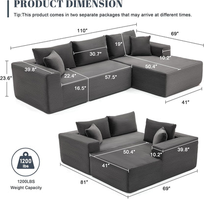 110 Cloud Sectional Couch, Boneless Sofa For Living Room Modular Sectional Sofa With Deep Seat