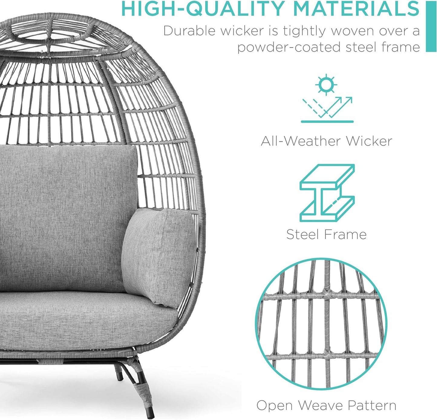 Best Choice Products Wicker Egg Chair Oversized Indoor Outdoor Lounger For Patio Backyard Living Room W/4 Cushions Steel Frame 440lb Capacity- Ivory