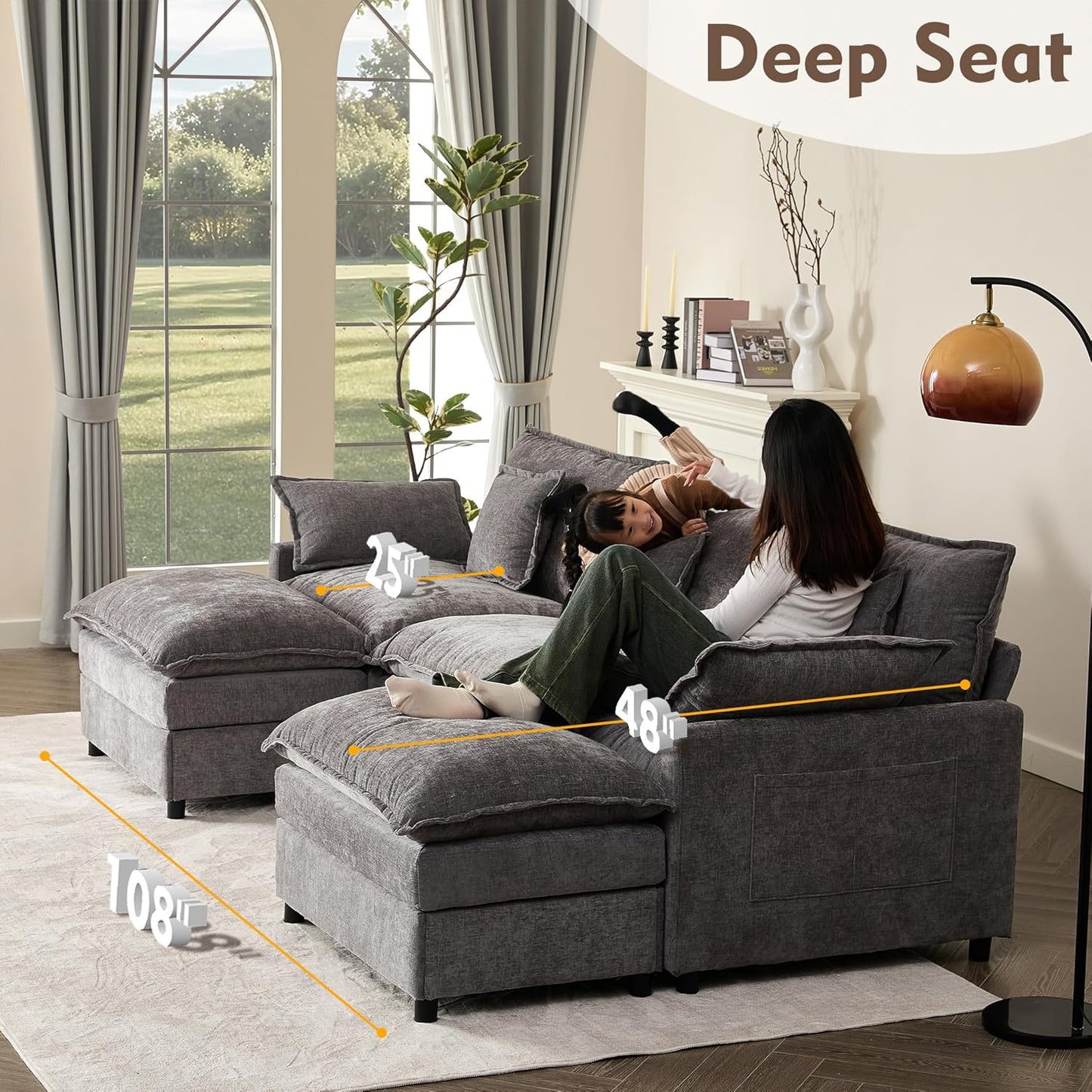 108 In. U Shape Sofa Sectional Sofa Comfortable Cloud Sofa With Removable Footstool