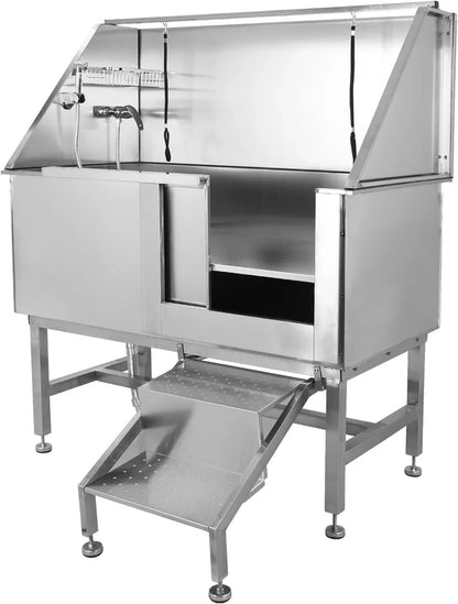 50 In. Dog Wash Bathtub, Pet Wash Station, Professional Stainless Steel Dog Grooming Tub With Ramp, Faucet, Sprayer, Drain Kit, Right Door