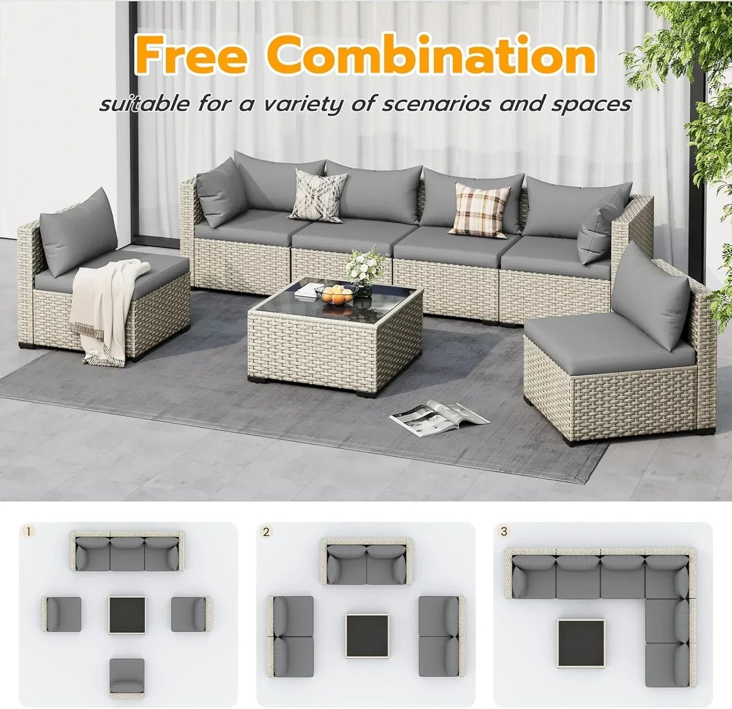Udpatio Outdoor Patio Furniture Set 7-Piece PE Wicker Sectional Sofa Outdoor Conversation Set