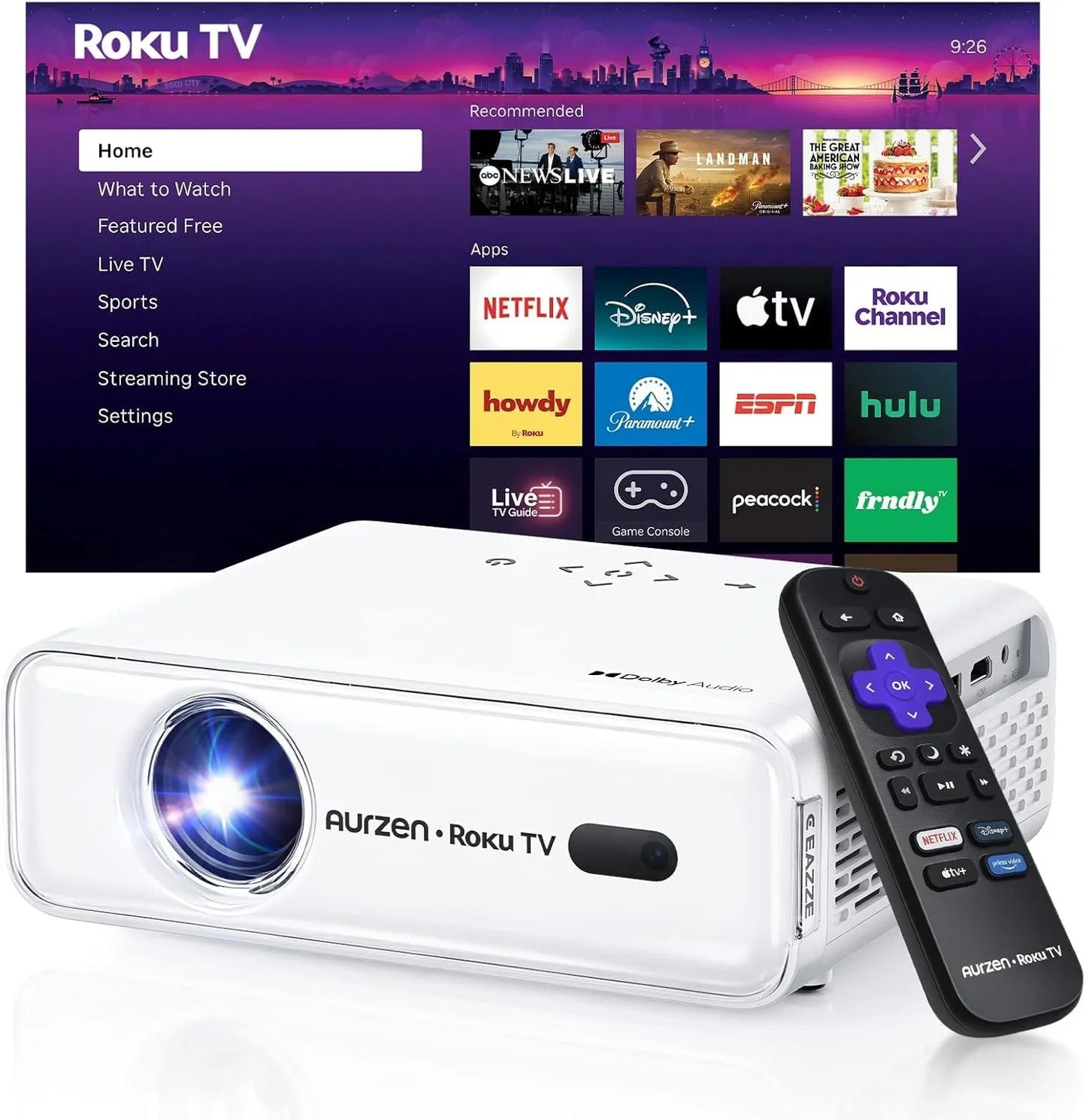 Aurzen Roku TV Smart Projector With Wi-Fi And Bluetooth, Roku Streaming Experience Built-In