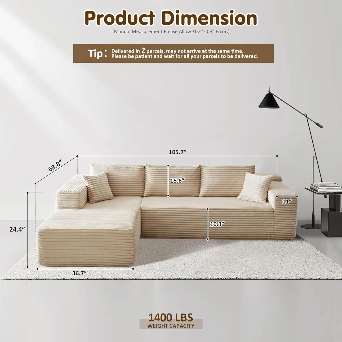 Ovios 104 In. Cloud Sectional Couch With L-Shape Chaise, Modern Modular Sofa With Deep Seat, Upholstered Couches For Living Room Bedroom