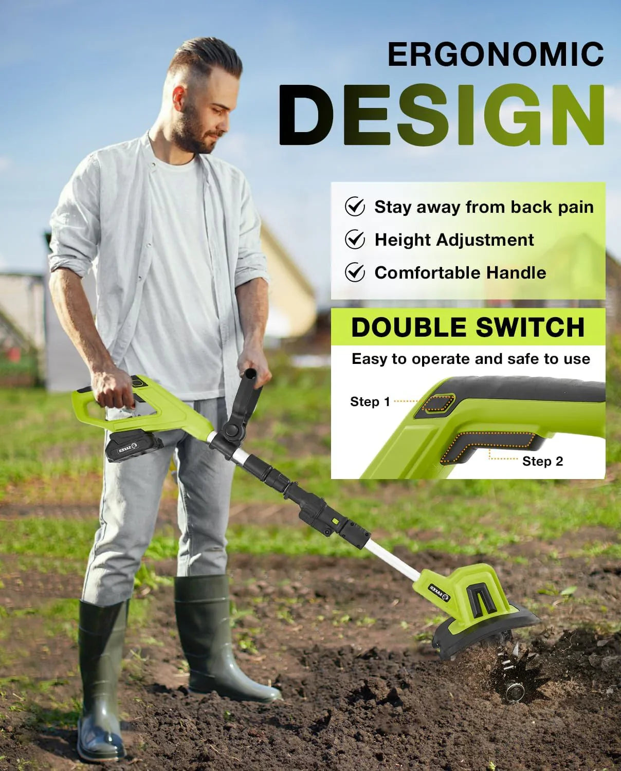 Saker 22V Cordless Electric Garden Tiller Cultivator, Lightweight Rototiller For Gardening, 9-Inch Tilling Width