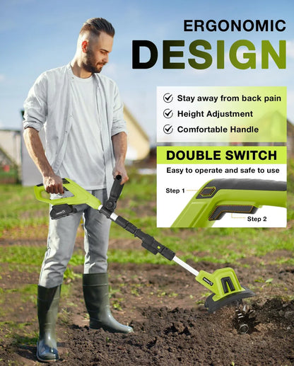 Saker 22V Cordless Electric Garden Tiller Cultivator, Lightweight Rototiller For Gardening, 9-Inch Tilling Width