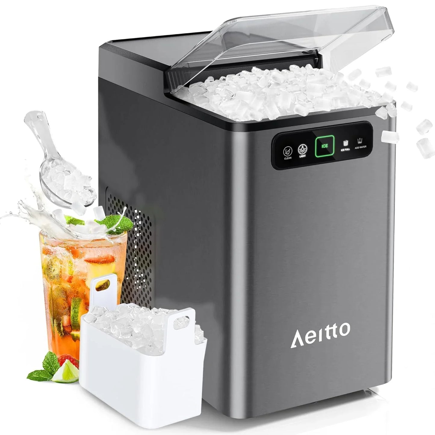 Aeitto Nugget Ice Maker 40Lbs/24H, Countertop Soft Chewable Ice Pebble Ice Machine, One-Click Operation