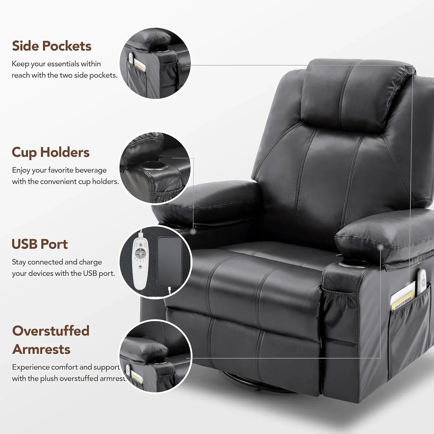 Oversized Swivel Rocker Recliner Chair With Heat And Massage, 360 Degree Swivel Rocking Single Sofa With Cup Holders And USB Port