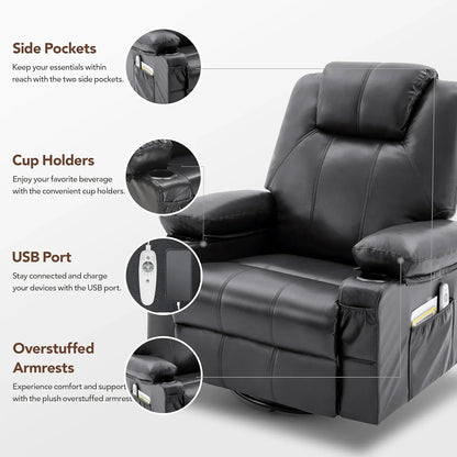 Oversized Swivel Rocker Recliner Chair With Heat And Massage, 360 Degree Swivel Rocking Single Sofa With Cup Holders And USB Port