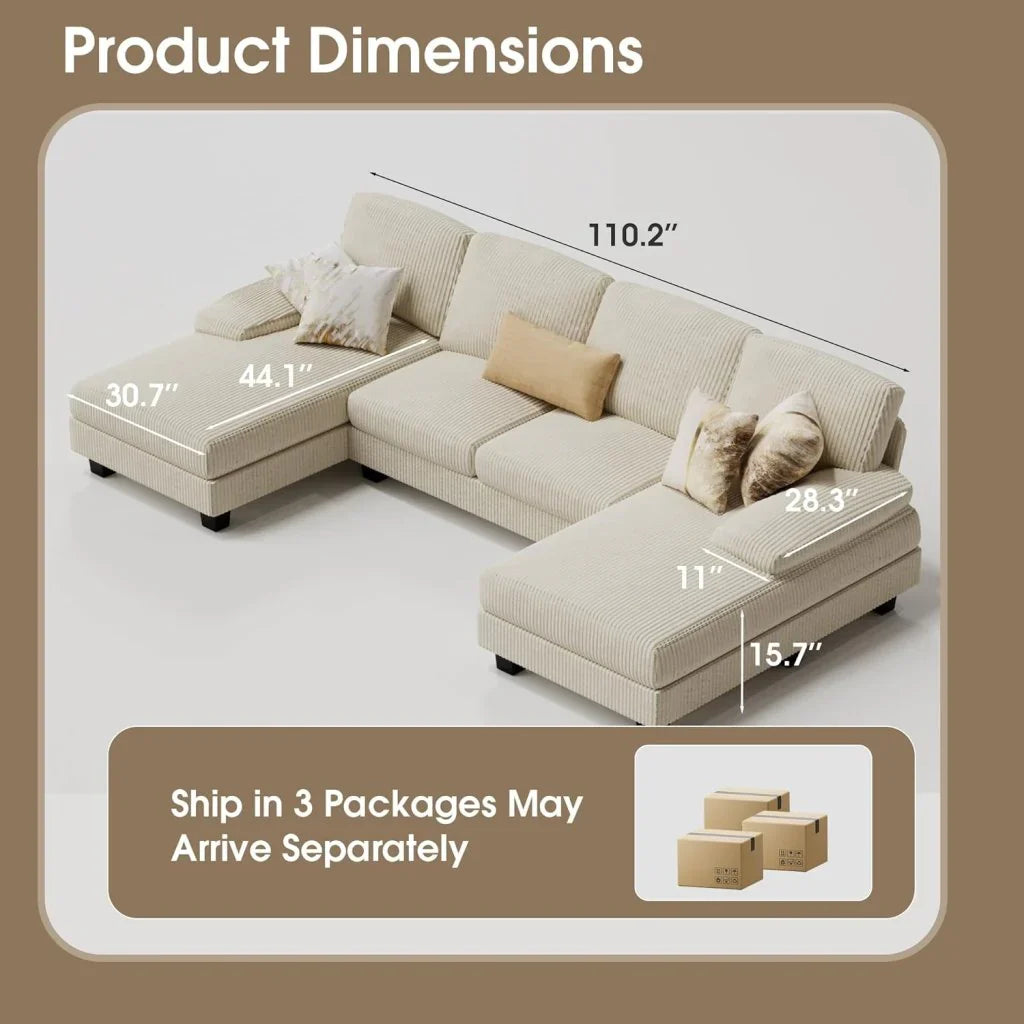 Furmax Sectional Couches For Living Room, U-Shaped Sofa Couch With Linen Fabric, 4 Seat Sofa Set With Double Chaise For Apartment, Fabric, Grey