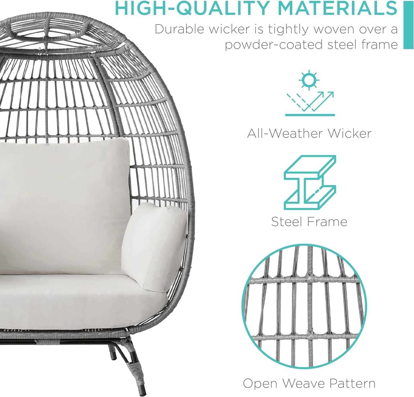 Best Choice Products Wicker Egg Chair Oversized Indoor Outdoor Lounger For Patio Backyard Living Room W/4 Cushions Steel Frame 440lb Capacity- Ivory