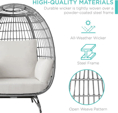 Best Choice Products Wicker Egg Chair Oversized Indoor Outdoor Lounger For Patio Backyard Living Room W/4 Cushions Steel Frame 440lb Capacity- Ivory
