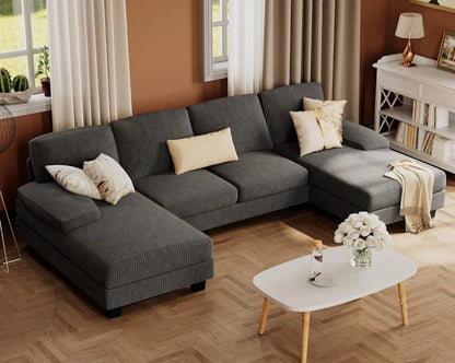 Furmax Sectional Couches For Living Room, U-Shaped Sofa Couch With Linen Fabric, 4 Seat Sofa Set With Double Chaise For Apartment, Fabric, Grey