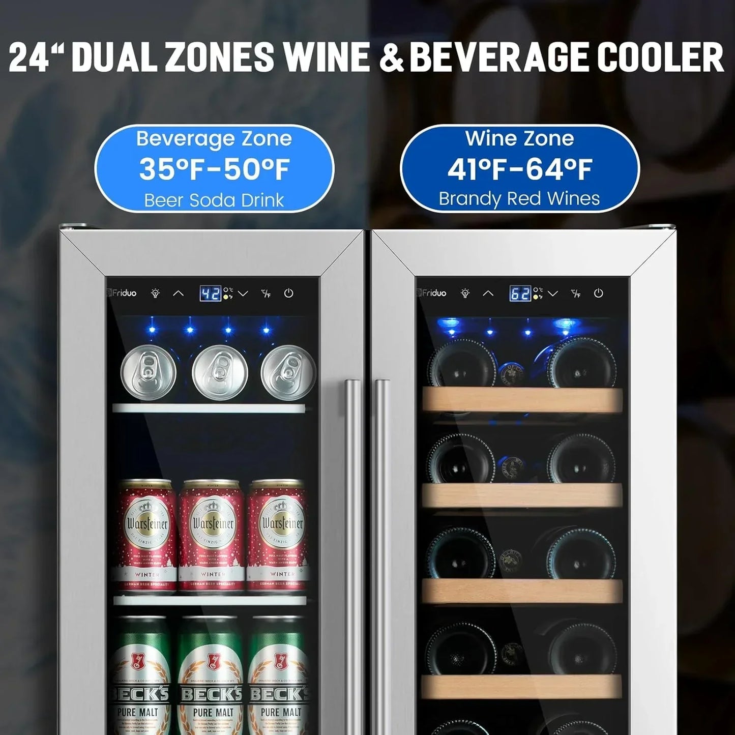 24 In. Dual Zone Beverage Refrigerator 30 Bottles 82 Cans Wine Fridge Built-In Or Freestanding