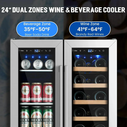 24 In. Dual Zone Beverage Refrigerator 30 Bottles 82 Cans Wine Fridge Built-In Or Freestanding