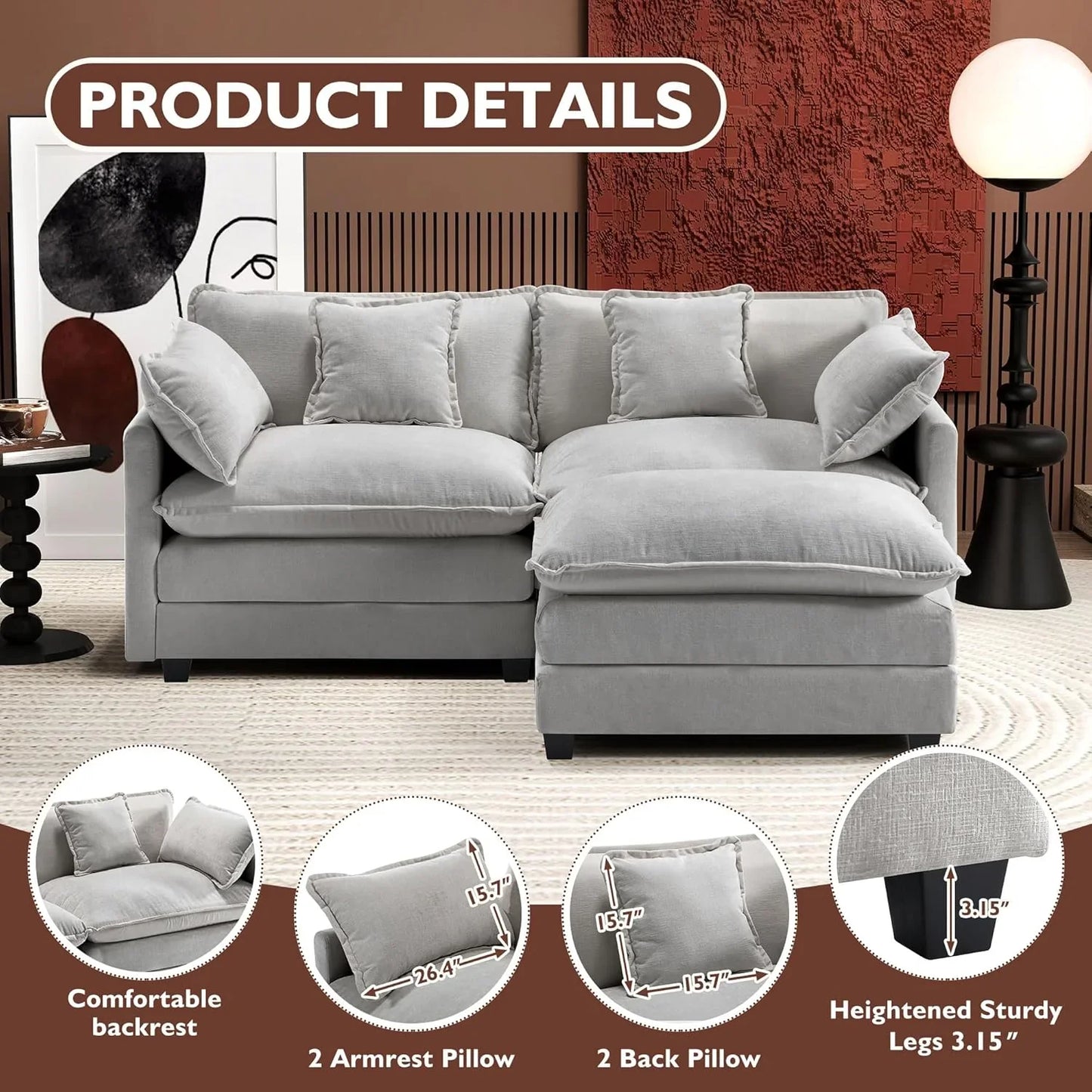 Ihanherry 146 In. U-Shaped Modern Sofa Modular Sectional Cloud Couch With 2 Ottoman