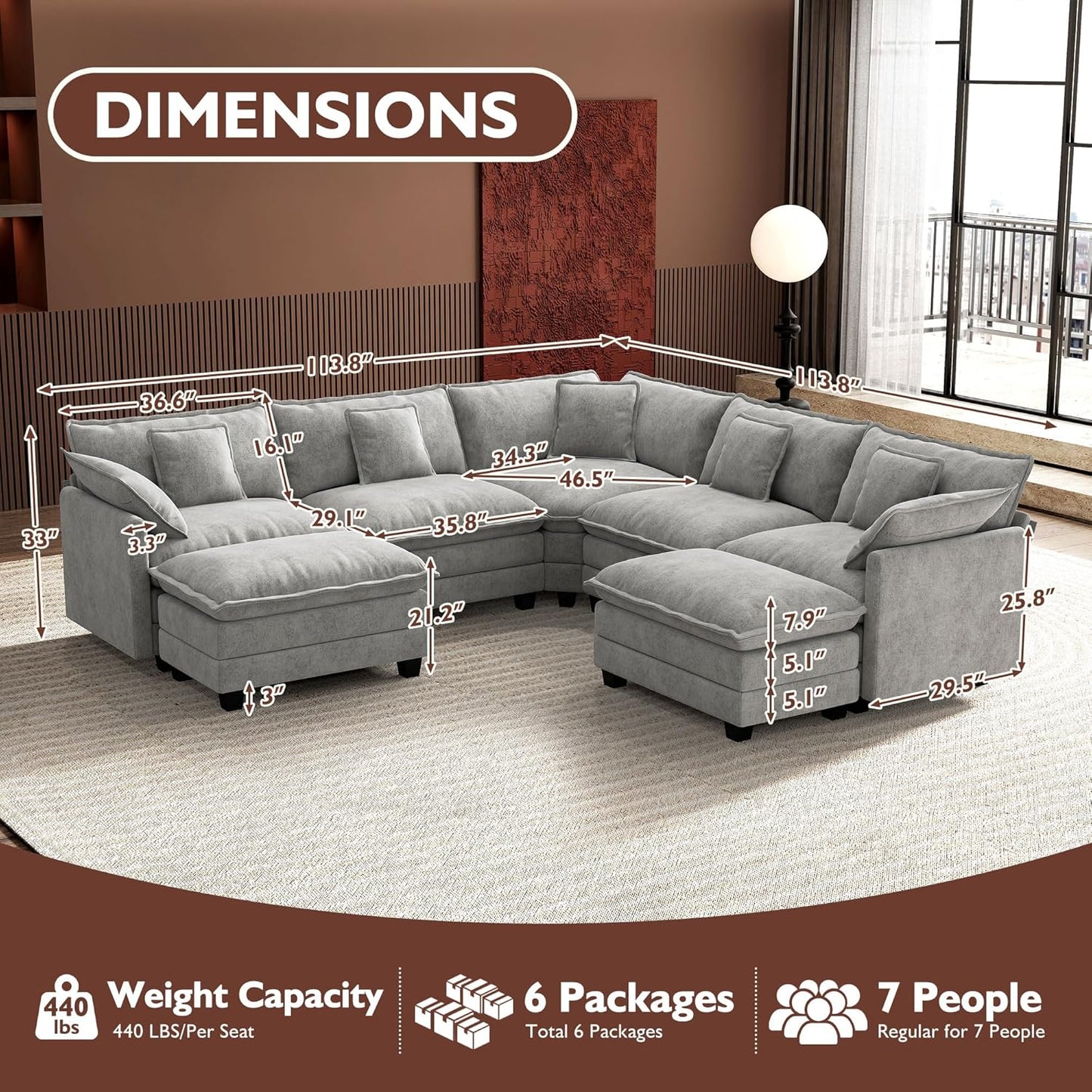 Ihanherry 146 In. U-Shaped Modern Sofa Modular Sectional Cloud Couch With 2 Ottoman