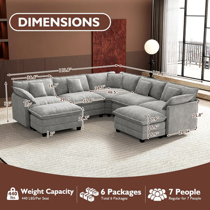 Ihanherry 146 In. U-Shaped Modern Sofa Modular Sectional Cloud Couch With 2 Ottoman