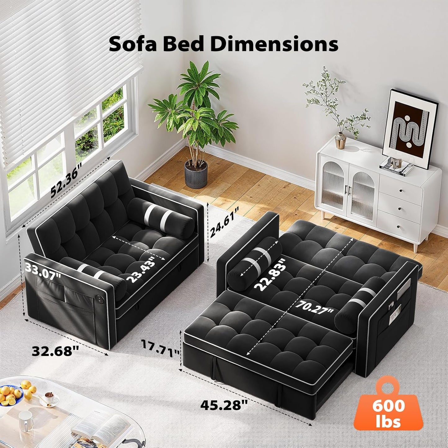 Pipishell 3-in-1 Convertible Sleeper Sofa Bed, Pull Out Couch For Living Room With USB Ports And Side Pockets, Adjustable Backrest, Velvet