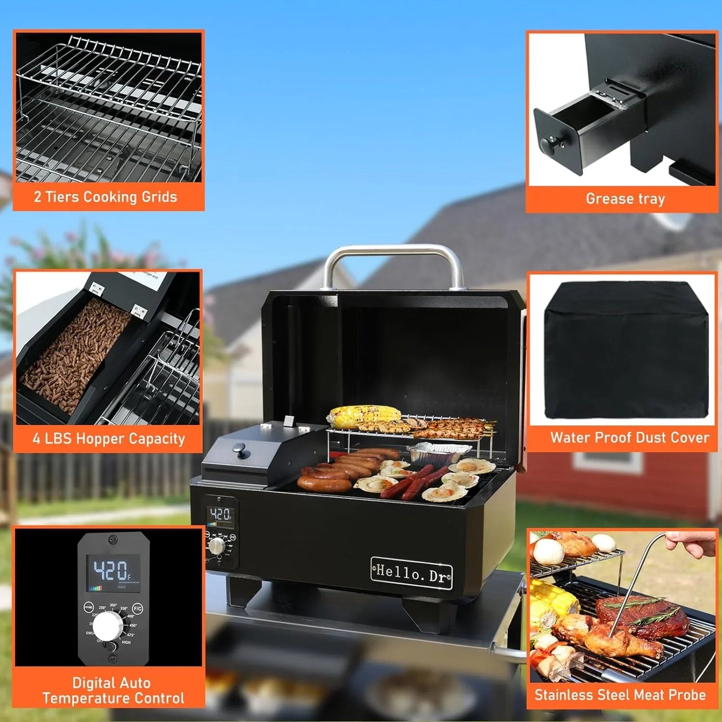 Portable Wood Pellet Grill And Smoker, Electric Outdoor 8-in-1 Tabletop Grills For RV Camping Tailgating RV Cooking Bbq